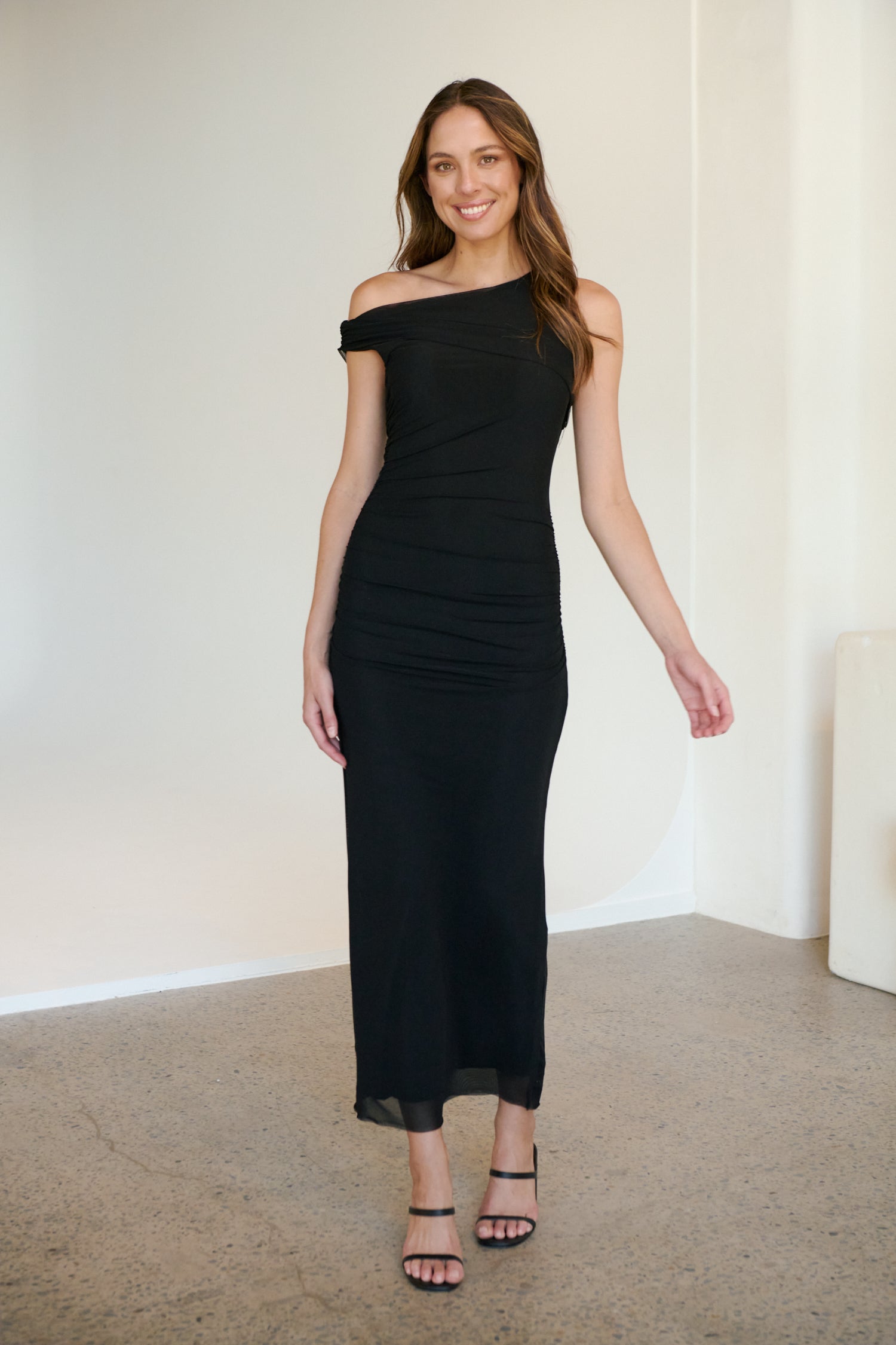 Ronnie Mesh Black Off Shoulder Maxi Evening Dress