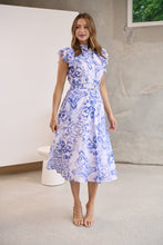 Load image into Gallery viewer, Lucia Blue/White Collared Frill Sleeve Pleated Midi Dress