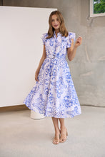 Load image into Gallery viewer, Lucia Blue/White Collared Frill Sleeve Pleated Midi Dress