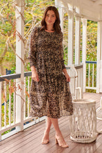 Load image into Gallery viewer, Evelyn Black/Brown Print Chiffon Shirred Long Sleeve Midi Dress