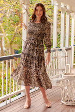 Load image into Gallery viewer, Evelyn Black/Brown Print Chiffon Shirred Long Sleeve Midi Dress