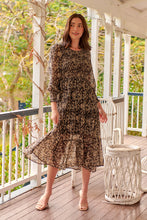 Load image into Gallery viewer, Evelyn Black/Brown Print Chiffon Shirred Long Sleeve Midi Dress