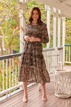 Load image into Gallery viewer, Evelyn Black/Brown Print Chiffon Shirred Long Sleeve Midi Dress