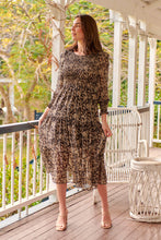 Load image into Gallery viewer, Evelyn Black/Brown Print Chiffon Shirred Long Sleeve Midi Dress