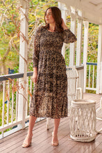 Load image into Gallery viewer, Evelyn Black/Brown Print Chiffon Shirred Long Sleeve Midi Dress