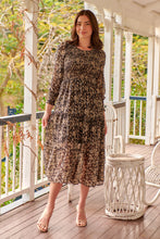 Load image into Gallery viewer, Evelyn Black/Brown Print Chiffon Shirred Long Sleeve Midi Dress
