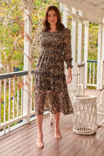 Load image into Gallery viewer, Evelyn Black/Brown Print Chiffon Shirred Long Sleeve Midi Dress