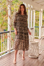 Load image into Gallery viewer, Evelyn Black/Brown Print Chiffon Shirred Long Sleeve Midi Dress
