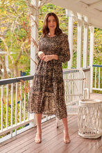 Load image into Gallery viewer, Evelyn Black/Brown Print Chiffon Shirred Long Sleeve Midi Dress