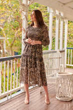 Load image into Gallery viewer, Evelyn Black/Brown Print Chiffon Shirred Long Sleeve Midi Dress