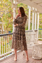 Load image into Gallery viewer, Evelyn Black/Brown Print Chiffon Shirred Long Sleeve Midi Dress