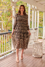 Load image into Gallery viewer, Evelyn Black/Brown Print Chiffon Shirred Long Sleeve Midi Dress