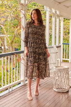 Load image into Gallery viewer, Evelyn Black/Brown Print Chiffon Shirred Long Sleeve Midi Dress