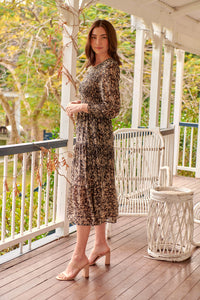 Evelyn Black/Brown Print Chiffon Shirred Long Sleeve Midi Dress