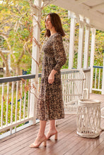 Load image into Gallery viewer, Evelyn Black/Brown Print Chiffon Shirred Long Sleeve Midi Dress