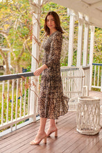 Load image into Gallery viewer, Evelyn Black/Brown Print Chiffon Shirred Long Sleeve Midi Dress