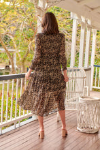 Load image into Gallery viewer, Evelyn Black/Brown Print Chiffon Shirred Long Sleeve Midi Dress
