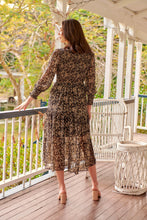 Load image into Gallery viewer, Evelyn Black/Brown Print Chiffon Shirred Long Sleeve Midi Dress