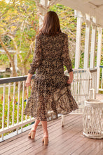 Load image into Gallery viewer, Evelyn Black/Brown Print Chiffon Shirred Long Sleeve Midi Dress