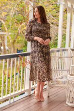 Load image into Gallery viewer, Evelyn Black/Brown Print Chiffon Shirred Long Sleeve Midi Dress