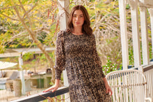 Load image into Gallery viewer, Evelyn Black/Brown Print Chiffon Shirred Long Sleeve Midi Dress