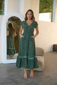 Augustina Button Front Green Animal Print Maxi Dress