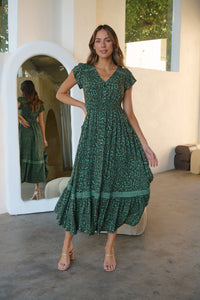 Augustina Button Front Green Animal Print Maxi Dress