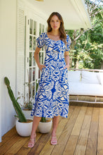 Load image into Gallery viewer, Lulu Tie Front Blue/White Bold Midi Dress
