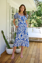 Load image into Gallery viewer, Lulu Tie Front Blue/White Bold Midi Dress