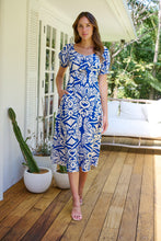 Load image into Gallery viewer, Lulu Tie Front Blue/White Bold Midi Dress