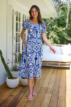 Load image into Gallery viewer, Lulu Tie Front Blue/White Bold Midi Dress