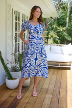 Load image into Gallery viewer, Lulu Tie Front Blue/White Bold Midi Dress
