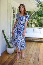 Load image into Gallery viewer, Lulu Tie Front Blue/White Bold Midi Dress