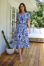 Load image into Gallery viewer, Lulu Tie Front Blue/White Bold Midi Dress