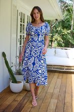 Load image into Gallery viewer, Lulu Tie Front Blue/White Bold Midi Dress