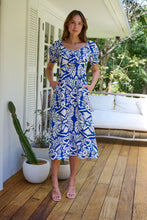 Load image into Gallery viewer, Lulu Tie Front Blue/White Bold Midi Dress