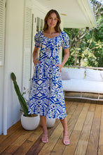 Load image into Gallery viewer, Lulu Tie Front Blue/White Bold Midi Dress