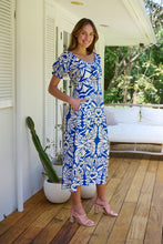 Load image into Gallery viewer, Lulu Tie Front Blue/White Bold Midi Dress