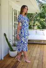 Load image into Gallery viewer, Lulu Tie Front Blue/White Bold Midi Dress