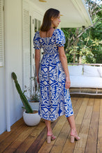 Load image into Gallery viewer, Lulu Tie Front Blue/White Bold Midi Dress