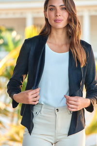 Lettie Black Faux Suede Zip Front Waterfall Jacket