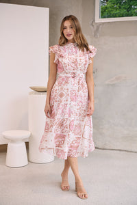 Lucia Pink/White Collared Frill Sleeve Pleated Midi Dress
