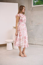 Load image into Gallery viewer, Lucia Pink/White Collared Frill Sleeve Pleated Midi Dress