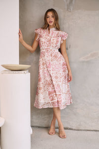 Lucia Pink/White Collared Frill Sleeve Pleated Midi Dress