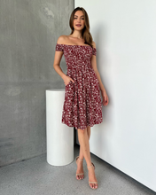 Load image into Gallery viewer, Soleil Shirred Red Floral Off Shoulder Midi Dress
