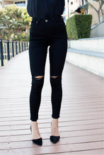 Load image into Gallery viewer, Rip Knee Black Denim Skinny Jean