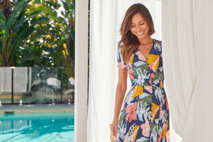Leilani Peach/Blue Floral Button Front Maxi Dress