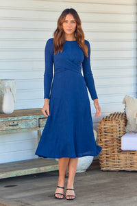 Kendra Navy Long Sleeve Knot Front Evening Dress