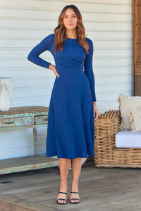 Kendra Navy Long Sleeve Knot Front Evening Dress