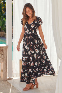 Augustina Black/White/Brown Floral Button Front Maxi Dress